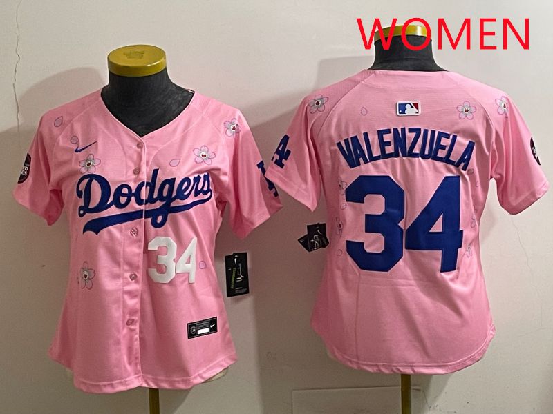 Women Los Angeles Dodgers #34 Valenzuela Pink Sakura Edition 2025 Nike MLB Jersey style 32->women mlb jersey->Women Jersey